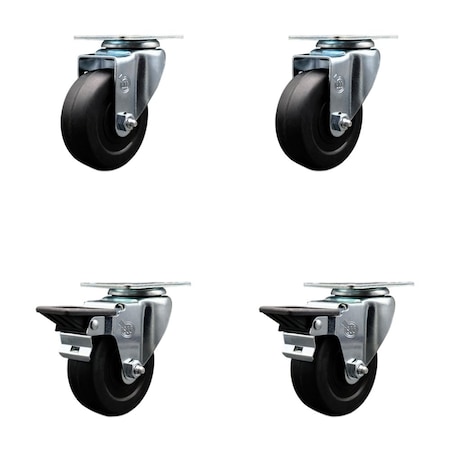 Service Caster 3.5'' Soft Rubber Wheel Swivel Top Plate Caster Set with 2 Posi Brakes, 4PK SCC-20S3514-SRS-2-PLB-2